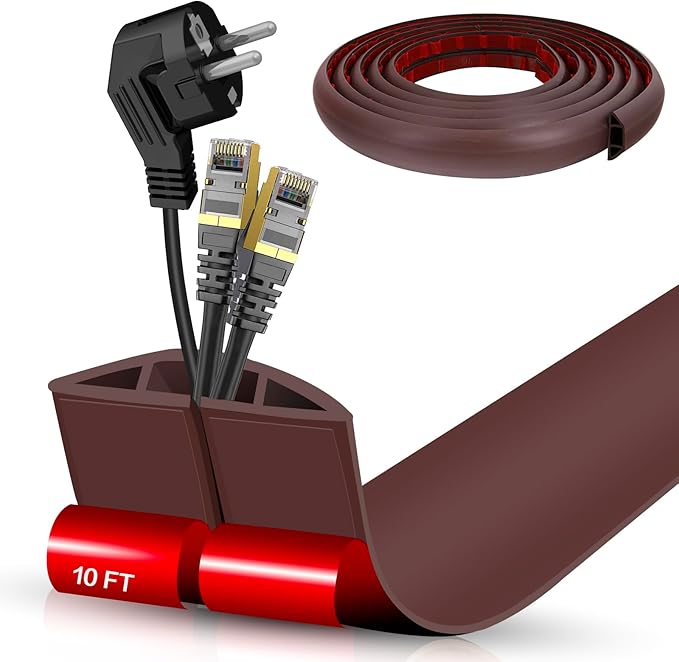 Floor Cord Cover Self Adhesive Cord Hider,10FT Cable Management, Extension Strip Protector for Wires, Prevent Cable Trips for Offices, Gyms, Exhibitions Cavity:0.51"(W) x 0.3"(H) Coffee