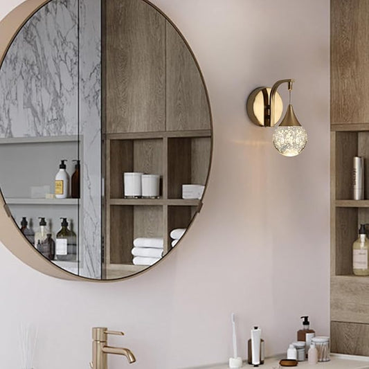 LED Wall Sconces Dimmable, Modern Crystal Wall Sconce Indoor, Bubble Wall Light for Bedroom Bathroom Living Room Dining Room Hallway, Brass