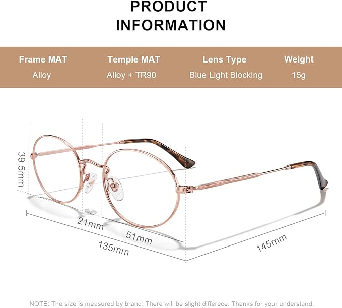 RB. Pilot Oval Reading Glasses for Women Men Blue Light Blocking Computer Thin Metal Full Rim Frame Readers