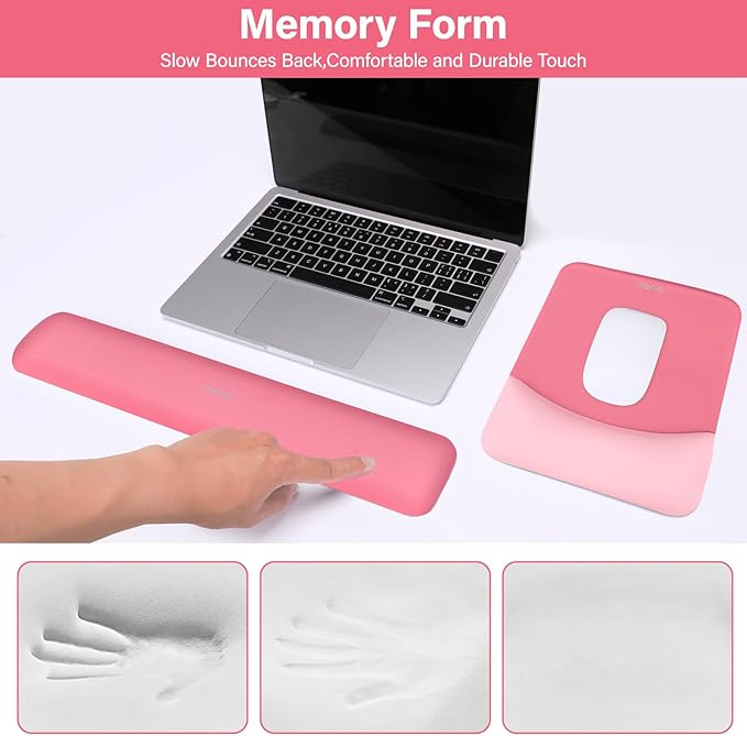 MOSISO Wrist Rest Support for Mouse Pad&Keyboard Set, Rectangular Ergonomic Mousepad Non-Slip Base Home/Office Pain Relief&Easy Typing Pad with Neoprene Cloth&Raised Curved Memory Foam, Melon Pink