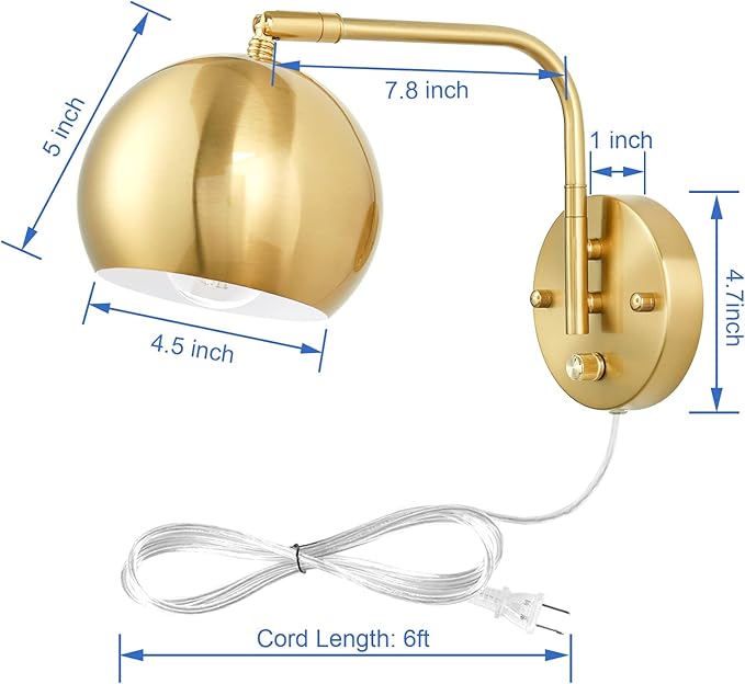 Wall Sconce with Remote Control, Plug in Wall Sconces Dimming 0-100% and Adjustable Color Temperature 2700K-6000K, Brushed Brass Globe Swing Arm Wall Lights with Plug in Cord(2 Pack, 2 Bulbs)