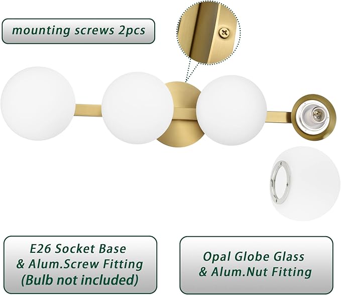 Bathroom Vanity Light Fixtures, Modern 4 Lights Globe Wall Sconce Lighting Aged Brass, Porch Wall Mount Light Fixture for Bathroom, Mirror Cabinets Hallway Stairs (Aged Brass, 4-Light)