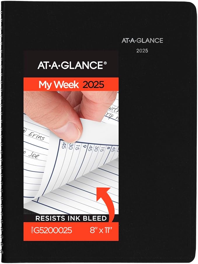 AT-A-GLANCE 2025 Appointment Book Planner, Weekly, 8" x 11", Large, Quarter-Hourly, DayMinder, Black (G5200025)