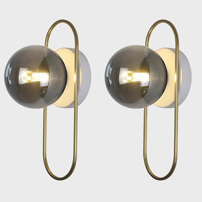 Modern Brass Wall Sconce Mid Century Glass Wall Sconces Brushed Gold Wall Lamp Vintage Wall Sconces Set of Two Hardwired Farmhouse Wall Light Fixtures (2 Pack)