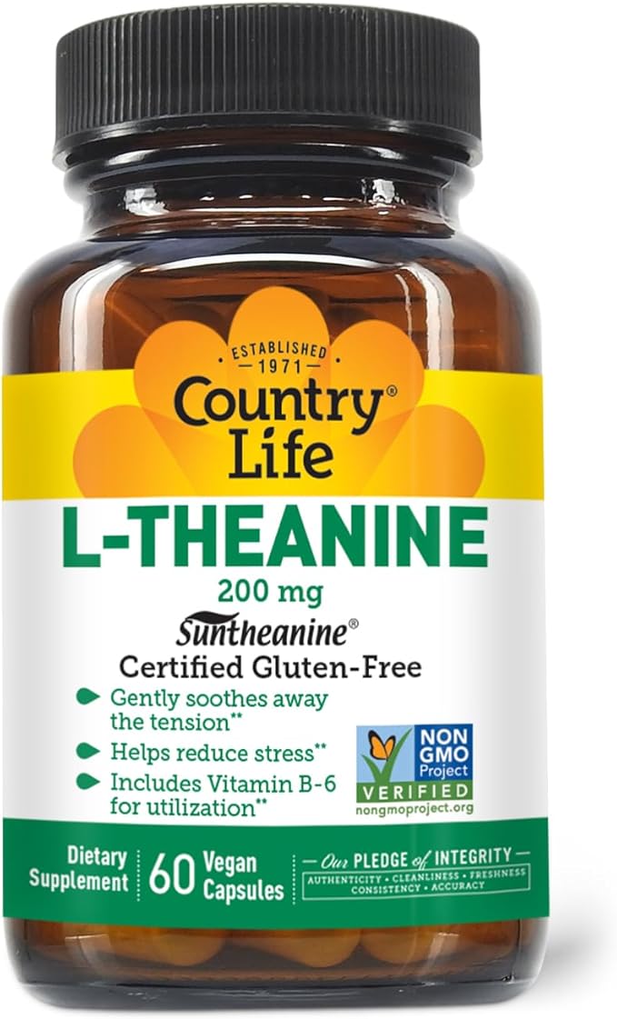 Country Life Suntheanine L-Theanine – 60 Vegan Capsules | Natural Stress Relief Supplement with Inositol | Promotes Relaxation, Focus & Better Sleep | Certified Gluten-Free, Non-Drowsy Formula