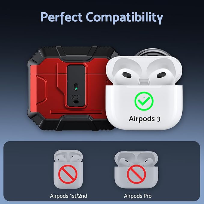 DASFOND Armor Cover Airpods 3 Generation Case, Military Grade Full Body Shockproof Protection Hard Case, Support Wireless Charging with Keychain, Magnetic Lid, Front LED Visible, Red