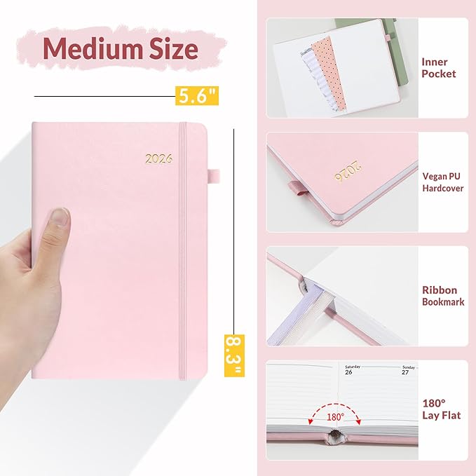 SUNEE 2026 Weekly & Monthly Hardcover Planner 5.5" x 8.3" - 12 Month (January 2026 - December 2026), Small Hardcover Planner, Pocket, Notes, 100 GSM Paper, Pink