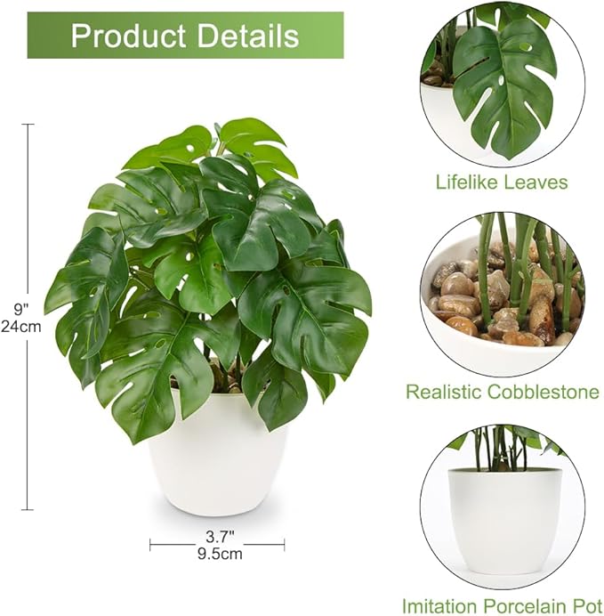 Fake Plants Small Faux Potted Plant 9 Inches Fake Monstera Plant with Pot Artificial Plants Indoor for Home Decor Bedroom Aesthetic Bathroom Shelf Living Room Office Kitchen Table Decoration