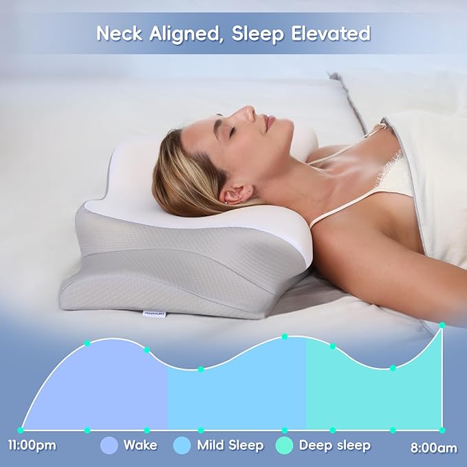 Cervical Neck Pillow, Memory Foam Pillows for Neck and Shoulder Pain Relief, 2 Heights Ergonomic Pillow with Breathable Ice Silk Cover, Neck Support Pillow for Side Back Stomach Sleepers, Odorless