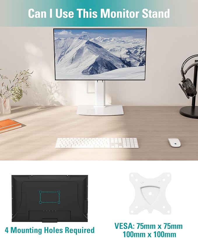 MOUNT PRO Single Monitor Stand Fits Max 32 inch Screen, Free-Standing Computer Desk Stand, Display Mount with Height Adjustable, Swivel, Tilt, Rotation, VESA Monitor Stand 100x100, White