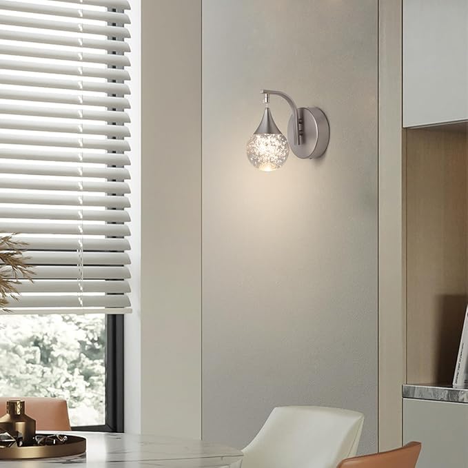 Wall Sconce Indoor, LED Modern Crystal Wall Sconces, Bubble Sconce Wall Lighting for Bedroom Dining Room Living Room Hallway Vanity Bathroom, Nickel