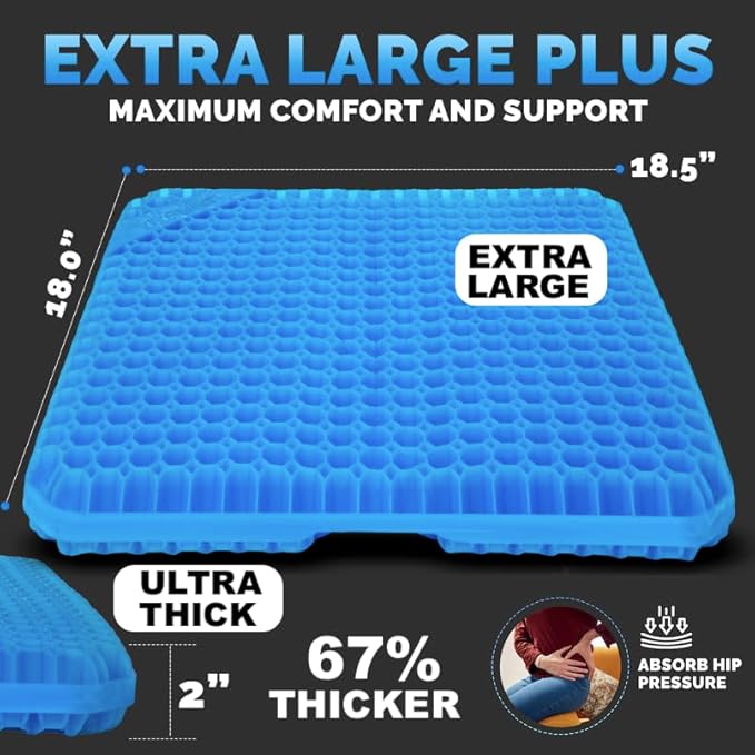 Gel Seat Cushions for Long Sitting- Extra Large & Ultra Thick(2 Inch) Orthopedic Chair Pad for Pressure Relief, Sciatica & Back Pain – Non-Slip, Cooling, Portable for Office, Car, Truck, Wheelchair