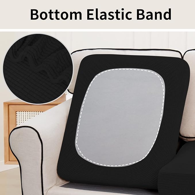 Easy-Going Stretch Individual Loveseat Couch Cushion Cover Sofa Cushion Furniture Protector Sofa slipcover Soft Flexibility with Elastic Bottom (2-Piece Loveseat Cushion Cover, Black)