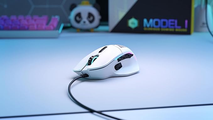 Glorious Gaming Model I Wired Gaming Mouse - 69g Superlight, 2 Swappable Buttons, RGB, PTFE Feet, 9 Programmable Buttons, Side Thumb Rest - White
