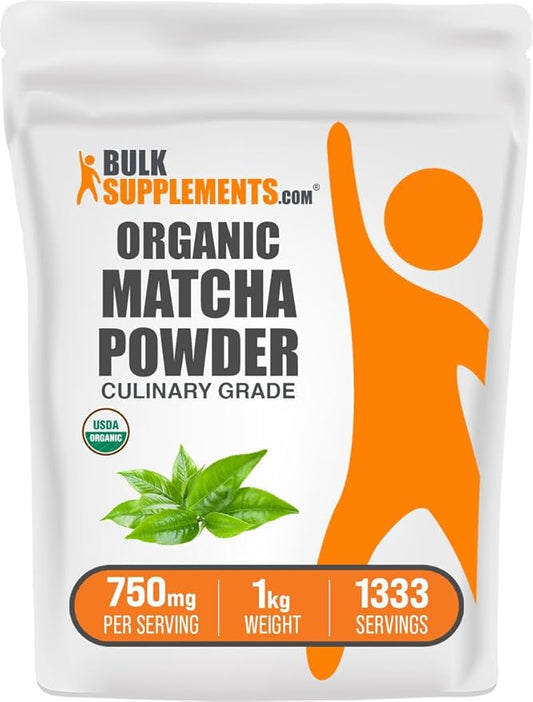 BulkSupplements.com Organic Matcha Powder - Matcha Powder for Latte, Culinary Grade Matcha - Organic & Gluten Free, 750mg per Serving, 1kg (2.2 lbs) (Pack of 1)