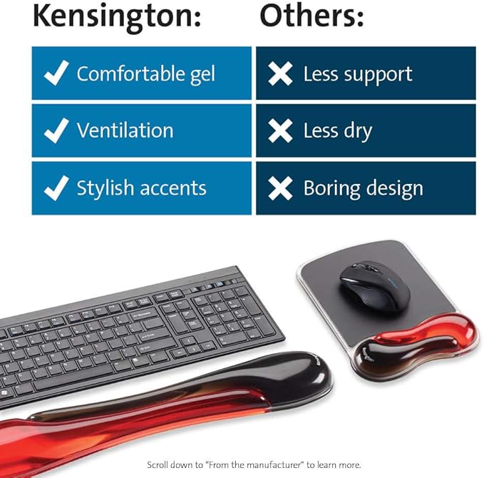 Kensington Duo Gel Mouse & Keyboard Wrist Rest Bundle Set, Ergonomic Keyboard and Mouse Pad With Wrist Support, Keyboard Wrist Rest, Computer Keyboard Pad, Cooling Gel, Non-Skid Backing, Red K50036WW