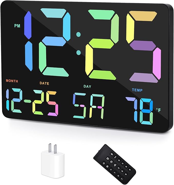 Amgico RGB Digital Alarm Clock with Snooze,Temperature,Auto Dimming,11.5" Large Display Calendar,Desk/Wall Clock for Bedroom,Living Room,Office,Home,Classroom,Kids,Elderly-Black