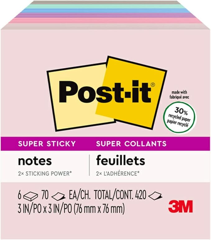 Post-it Super Sticky Recycled Notes, 3x3 in, 6 Pads, 2X The Sticking Power, Bali Collection, Pastel Colors (Lavender, Apricot, Blue, Pink, Mint), 30% Recycled Paper (654-6SSNRP)