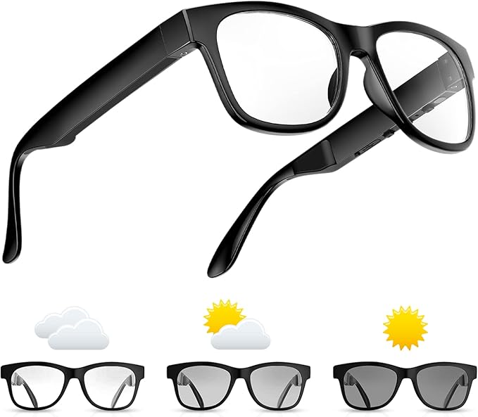 Bone Conduction Glasses, Open-Ear Headphones Bluetooth, Photochromic Sunglasses Anti Blue Ray, IP6 Waterproof Audio Glasses, Hand-Free Calling and Music, Smart Glasses for Women and Men