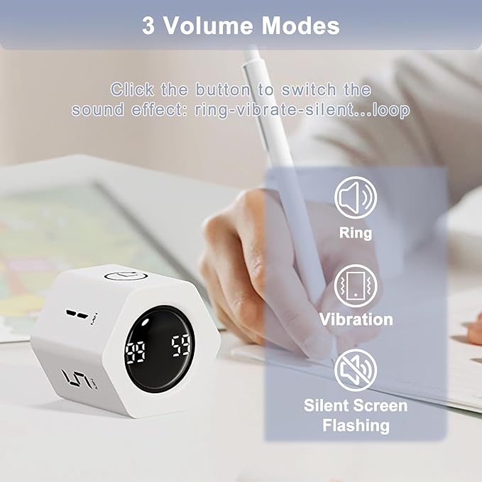 GuDoQi Rotating Pomodoro Timer 1 5 10 30 60 Min Preset, Hexagon ADHD Flip ProductivityTimer Tool Pause, Vibration, Mute, Adjustable Sound Alert for Work, Study, Back to School, Kitchen, White