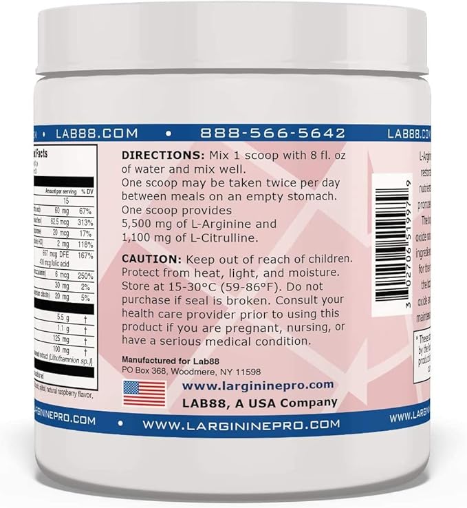 L-ARGININE PRO | 5,500mg L-Arginine Plus L-Citrulline 1,100mg Raspberry Powder Drink Mix Supplement for Increased Nitric Oxide Production