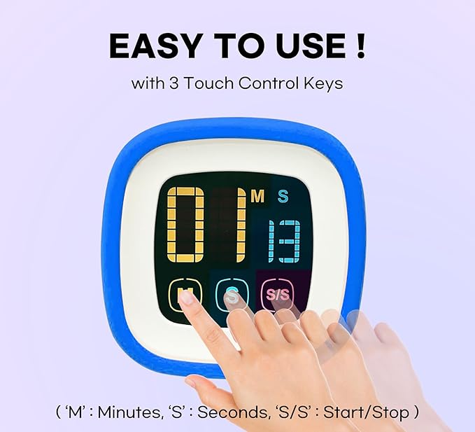 Digital Kitchen Timer, Countdown, Countup, Protective Rubber case, Large Display with Color Bold Digits, Touch Control, Backlit, Magnetic Kickstand, Loud Alarm, Auto Memory (Sky Blue)