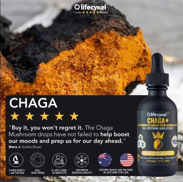 Life Cykel - Chaga Mushroom Extract with Kakadu Plum - Double Extracted Mushroom Tincture - Non-GMO Immune Support Supplement for Adults and Kids - 1 Fl Oz