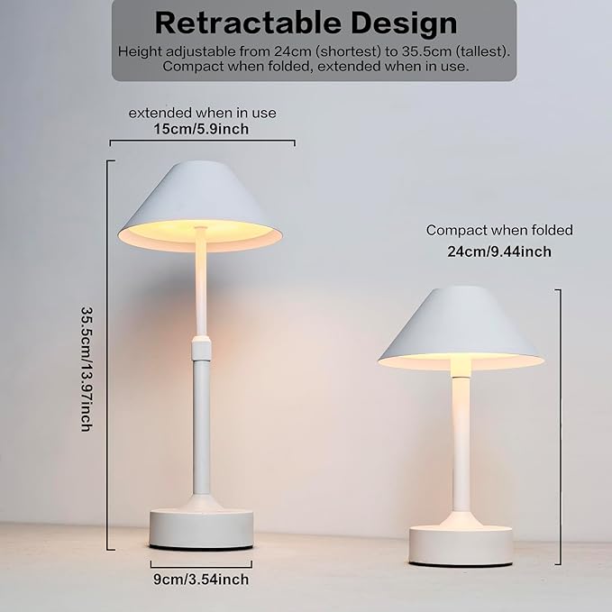 Cordless Table Lamp - Rechargeable Night Light with 2000mAh Battery, Touch Control, Dimmable White/Warm/Neutral Light, Adjustable Height, USB Charging, Ambient LED Bedside Lamp (White)