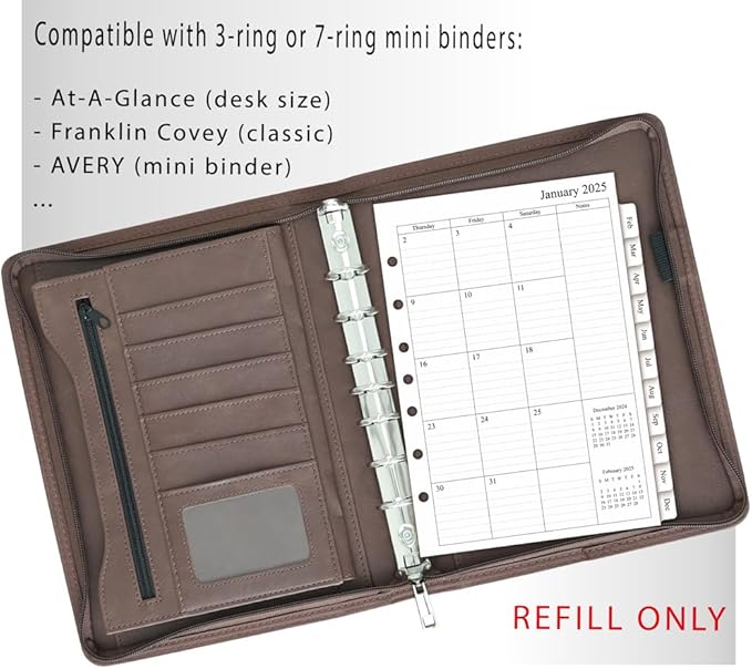 newestor 2025 Monthly Planner Refills 5-1/2" x 8-1/2" for 3-Ring or 7-Ring Mini Binders, Jan 2025 to Dec 2025, Desk Size 4, 7-Hole Punched