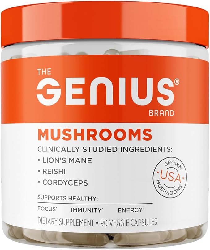 Genius Mushroom Supplement - Full-Spectrum Lion’s Mane, Cordyceps, Reishi -Daily Brain Nootropic for Energy, Focus, Memory & Overall Wellness - 90 Capsules – Organic for Mental Clarity & Performance