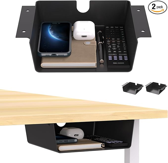 2 Pack Adhesive Under Desk Hanging Shelf Mount Drawer Organizer, Attachable Plastic Under Desk Storage Tray for Standing Desks, Tables, Workstations, Gaming, Cabinet, Increase Storage Space - Black