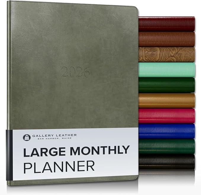 Gallery Leather Large Monthly Planner 2025-2026, Elegantly Bound Calendar Planner and Notebook with Stylish Gold-Gilded Page Edges, 18 Months - Acadia Cactus - 9.75x7.5"