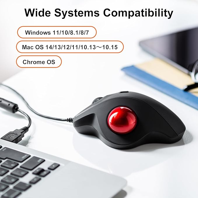 SANWA Wired Ergonomic Trackball Mouse, Optical Vertical Rollerball Mice, Silent Buttons, 34mm Trackball, 600/800/1200/1600 DPI, Compatible with MacBook, Laptop, Computer, Windows, macOS, Red