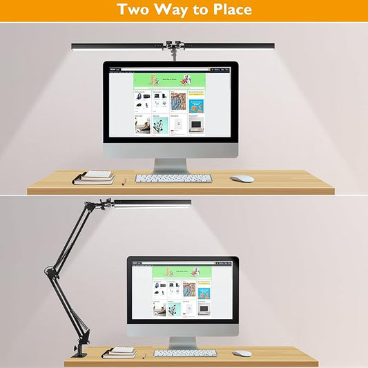 LED Desk Lamp with Clamp, Super Bright Double Head Task Light, 5 Color Modes, 10%~100% Dimmable Brightness, Modern Swing Arm Workbench Light