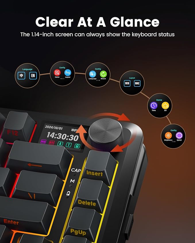 Redragon Wireless Mechanical Keyboard, Gasket RGB Gaming Keyboard with Screen & Knob, 3-Modes (Bluetooth/2.4G/Wired) 81 Custom Keys, Thick Pre-Lubed Linear Switch, Side Printed PBT Keycaps, K708GG-Pro