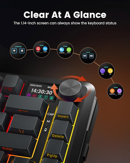 Redragon Wireless Mechanical Keyboard, Gasket RGB Gaming Keyboard with Screen & Knob, 3-Modes (Bluetooth/2.4G/Wired) 81 Custom Keys, Thick Pre-Lubed Linear Switch, Side Printed PBT Keycaps, K708GG-Pro