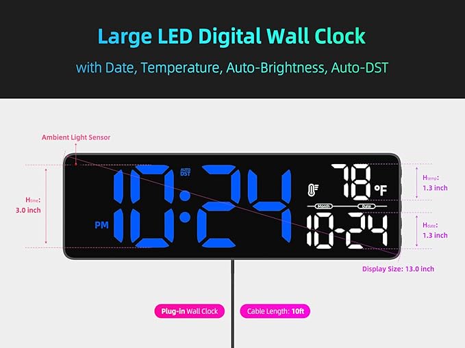 Large LED Digital Wall Clock with Date, Temperature, Auto-Brightness, Auto-DST | Big Digital Clock for Bedroom, Desk, Classroom, Living Room, Kitchen, Office, Gym, Farmhouse, Xmas Gift for Seniors
