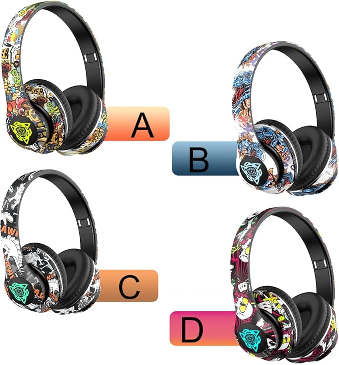 Graffiti Style Over-Ear Headphones - Wireless Bluetooth 5.0, Hi-Fi Stereo Sound, Comfortable Soft Earpads, 30-Hour Playtime, Built-in Mic for Hands-Free Calls (D)