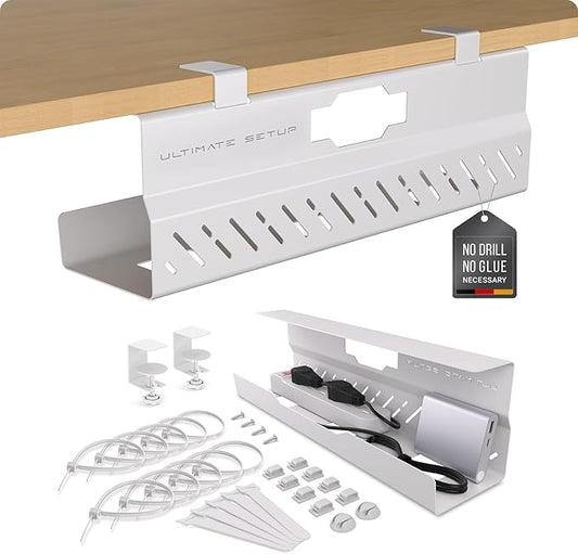 Under Desk Cable Management Tray no Drill – Wire Management - Cord Organizer – Huge Load Capacity – Under Desk Cable Tray no Drill (White, 1 Piece Set)