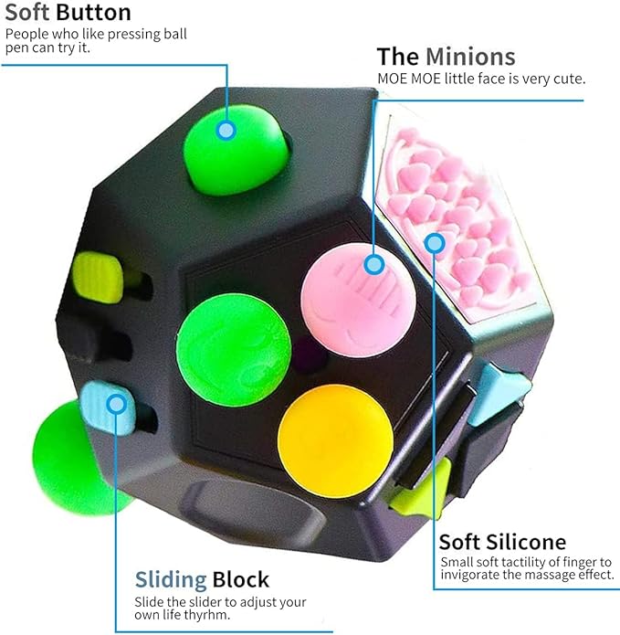 12 Sided Cube Toys,Fidget Toys Cube Relieves Stress and Anxiety for Kids and Adults with ADD,OCD,ADHD,Autism (Black / B2)