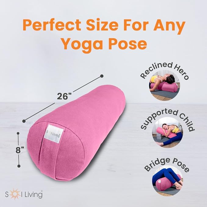 Sol Living Yoga Bolster Pillow for Restorative Meditation - 100% Cotton Cylindrical Cushion with Washable Cover for Balance Support in Asana Poses