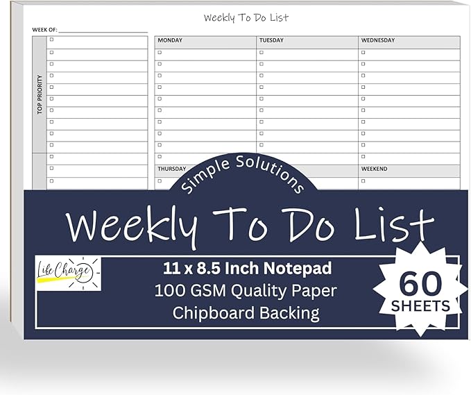 Weekly To Do List Notepad, 60 Page Task Planning Pad w/Daily Checklist, Priority Todo Checkbox & Notes. Desk Notebook to Organize Office 11 X 8.5