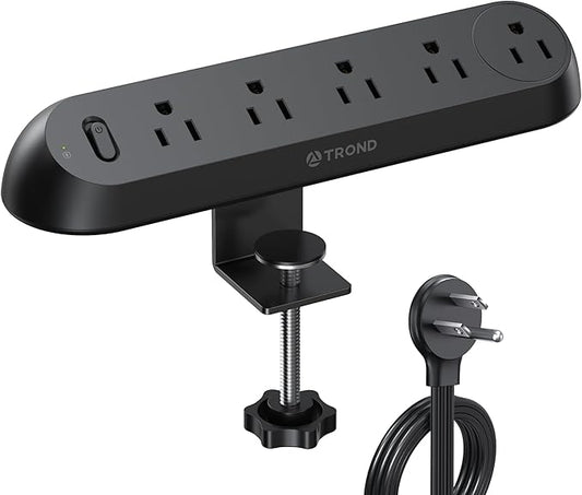 TROND Desk Clamp Power Strip - Flat Plug 10ft Extension Cord, Surge Protector with 5 AC Outlets, 1700J Surge Protection, ETL Listed, Fits 1.97 inch Tabletop Edge, for Home Office, Black