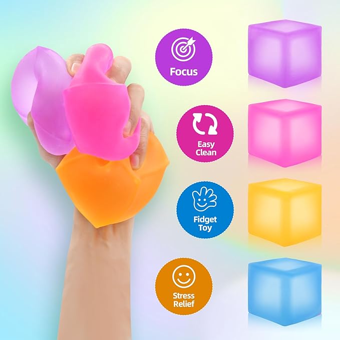 4 Pack Stress Cube Fidget Toys Large Size Squishy Stress Balls for Adults Kids, Sensory Calming Toys Slow Rising for Relaxation, Squishies Anxiety Stress Relief Toy with Thick Substance