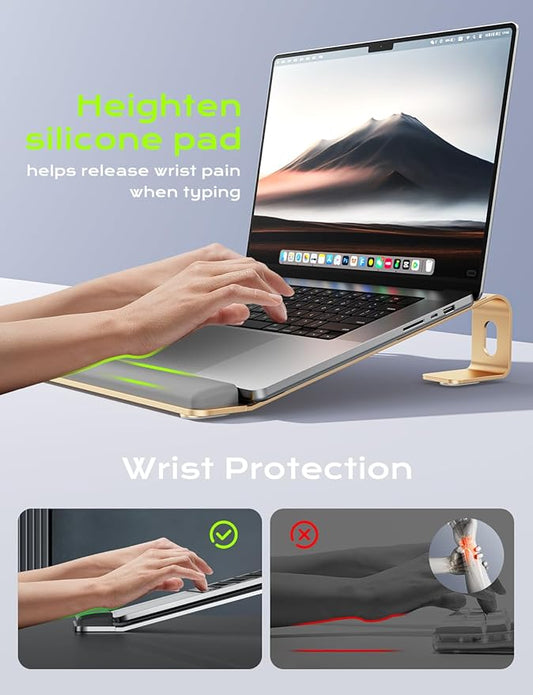 Aluminum Laptop Stand, Notebook Stand with Wrist Rest, Ergonomic Detachable Laptop Mount, Computer Stand Compatible with 10-17'' All Laptops Such as MacBook Air Pro/HP/Dell/Lenovo, Gold
