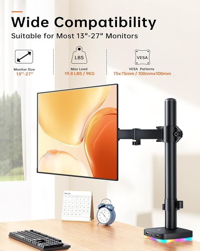 RGB Single Monitor Stand, Fully Adjustable Monitor Desk Mount Sturdy Stepped Arm Design up to 17.6lbs Desk Mount withRGB USB & USB-C High Speed Data Transfer C-Clamp 75x75/100x100 VESA
