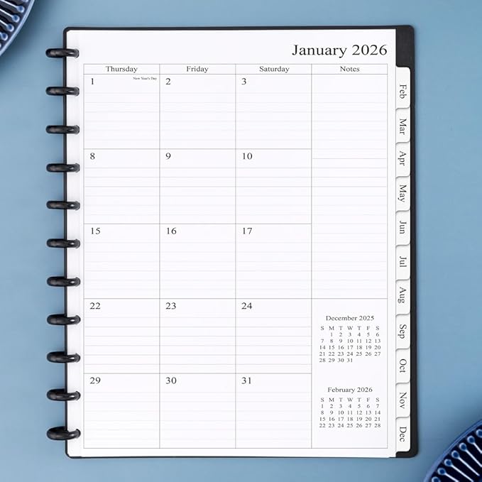 newestor 2025-2026 Monthly Planner Refill for 11-Discbound Notebooks, Aug 2025 to Dec 2026, Two Pages Per Month, Letter Size, 8-1/2" x 11"