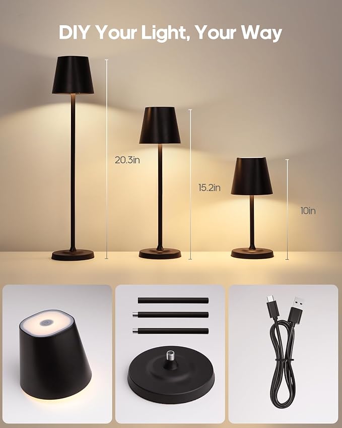 LED Cordless Table Lamp Rechargeable, 3-Height Adjustable, 5500mAh Battery Operated Lamp, 3-Color Dimming Touch Lamp, Portable Lamp for Dining, Bedroom,Camping, Outdoor, Indoor(Black 2 Pcs)