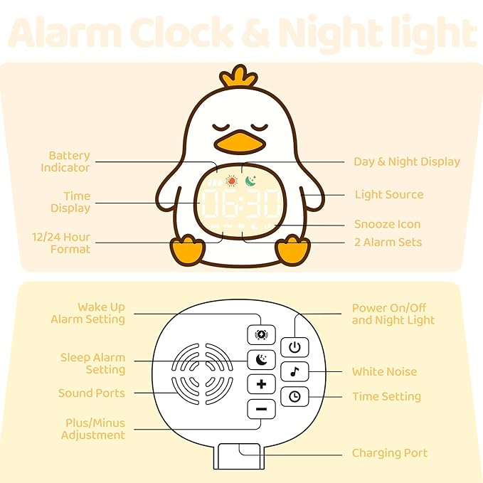 Sleepy Duck Alarm Clock with Night Light for Kids with Sleep Training and Sound Machine, Rechargeable Silicone Lamp OK to Wake Clock，Cute Animal Tabletop Lamp, Perfect Sleep Companion for Boys Girls