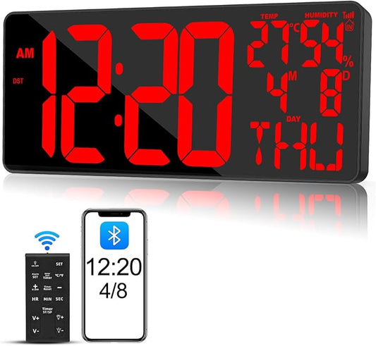 [2024 New] 18" Digital Wall Clock Large Display/Bluetooth Sync Time, Large Wall Clock with Remote Control, Auto DST, Alarm, Temperature and Date - Easy to Read and Set Timer